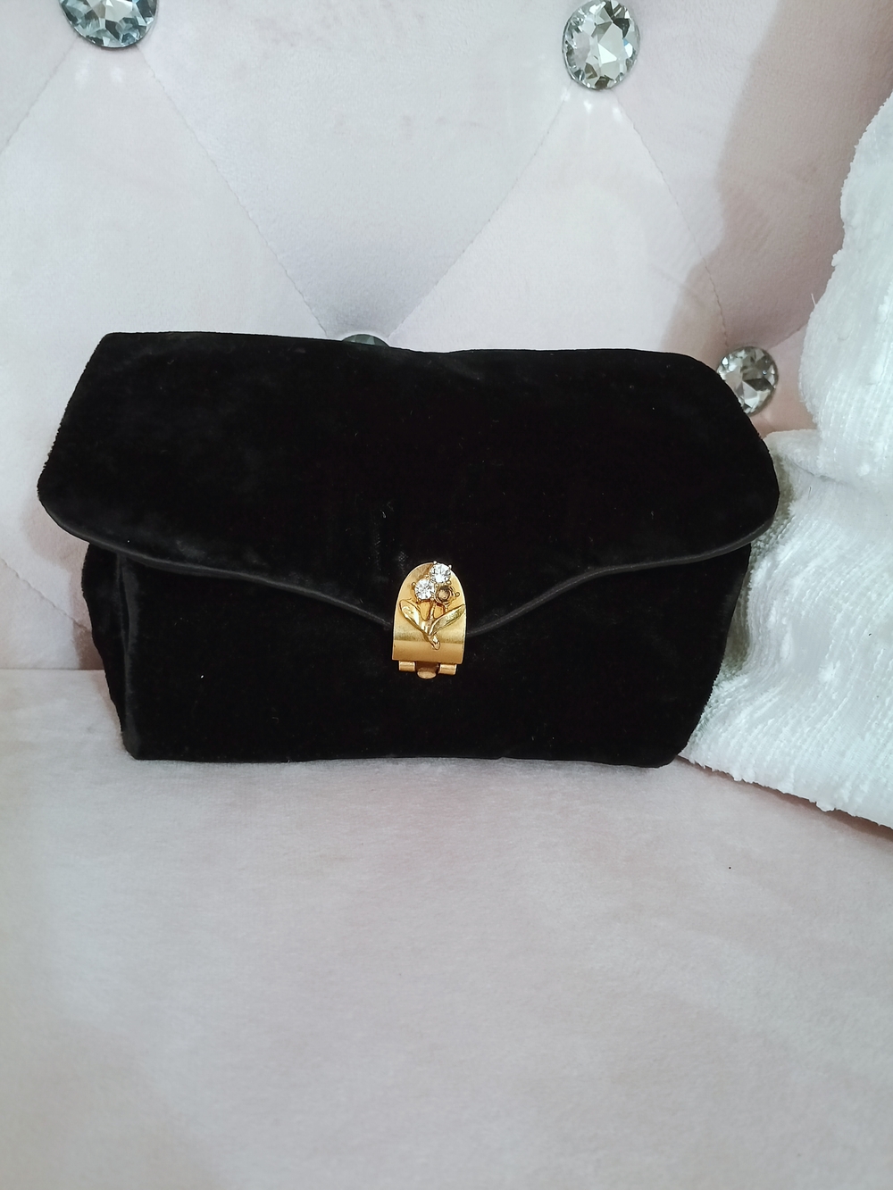 Avon Black Velvet‎ Clutch with Gold Floral Clasp